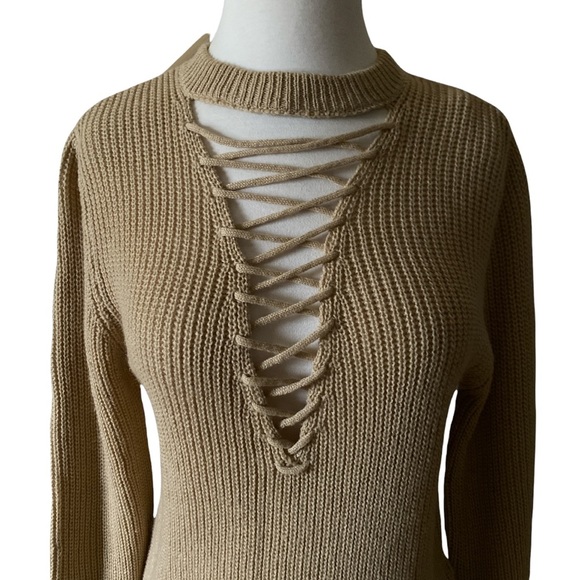 Long Sleeve Tan Sweater with Lace Up Detail in Deep V Opening Size Medium - Picture 3 of 8